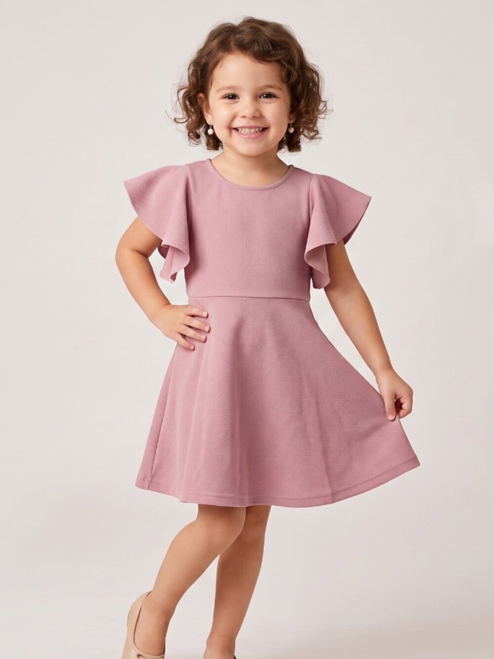 NWT Girl's Rose Pink Textured Knit Tiered Flutter Sleeve Ruffle A-Line Dress 4T